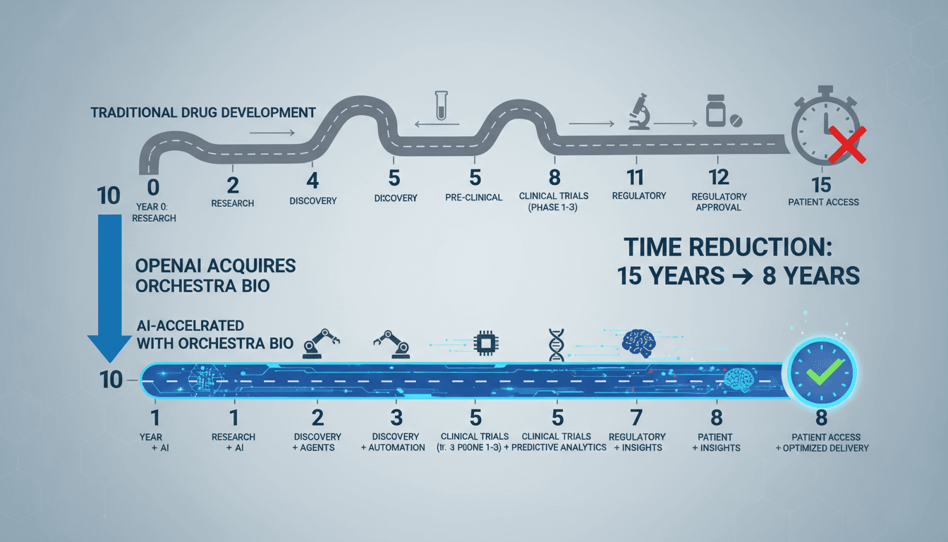 Infographic showing the impact of AI on drug development timelines after OpenAI's acquisition of Orchestra Bio.