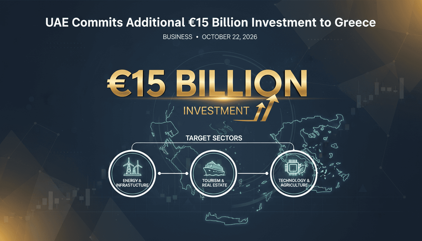 A visual representation of the UAE's €15 billion investment in Greece, highlighting key sectors like energy and technology.