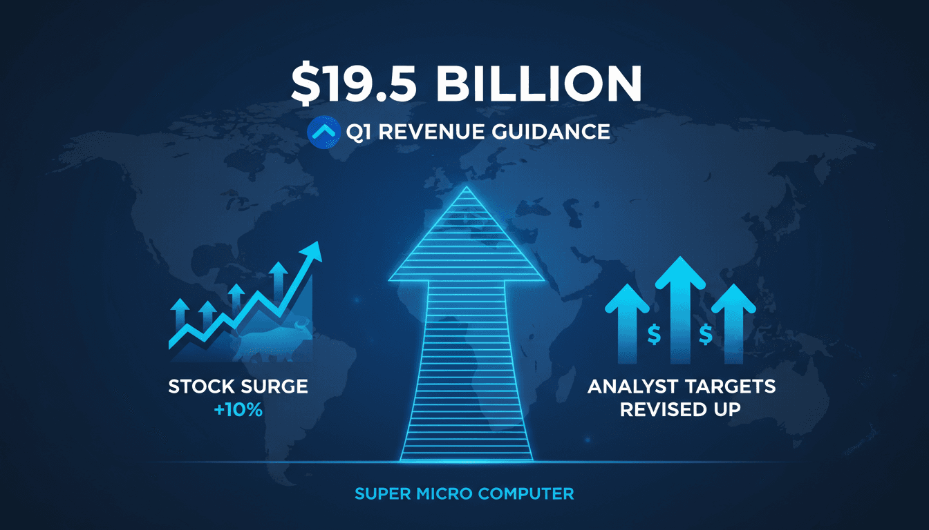 Infographic illustrating Super Micro Computer's revenue growth and analyst target changes.