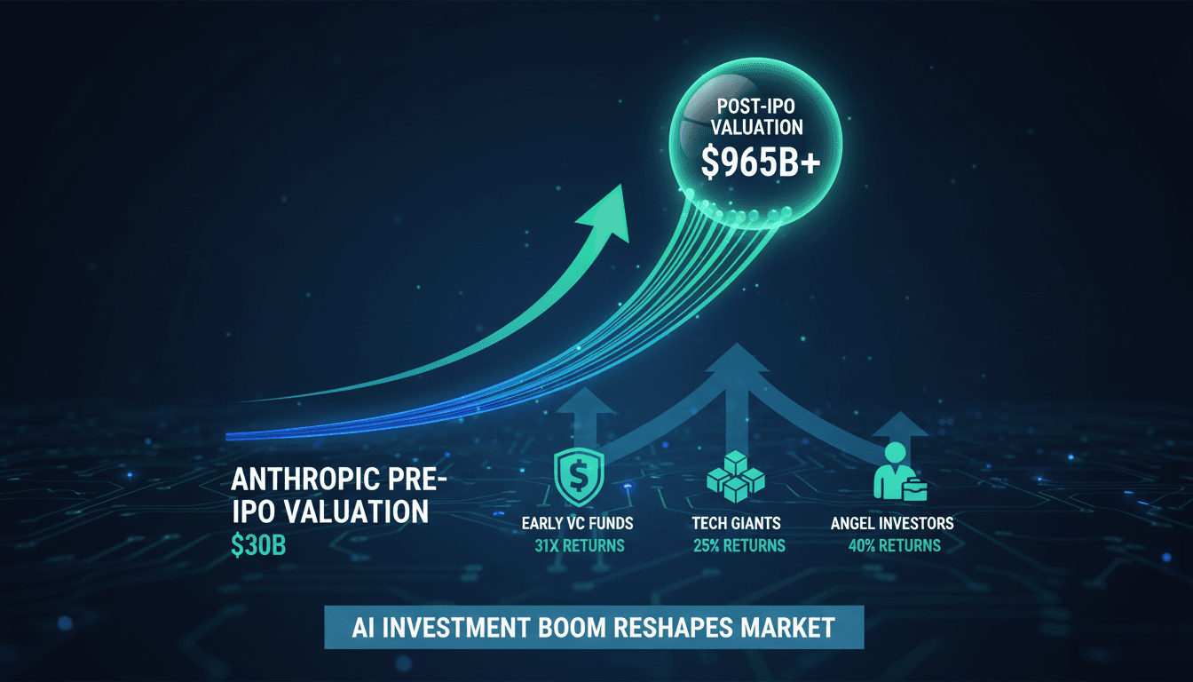Infographic illustrating Anthropic's projected IPO valuation and investor returns.