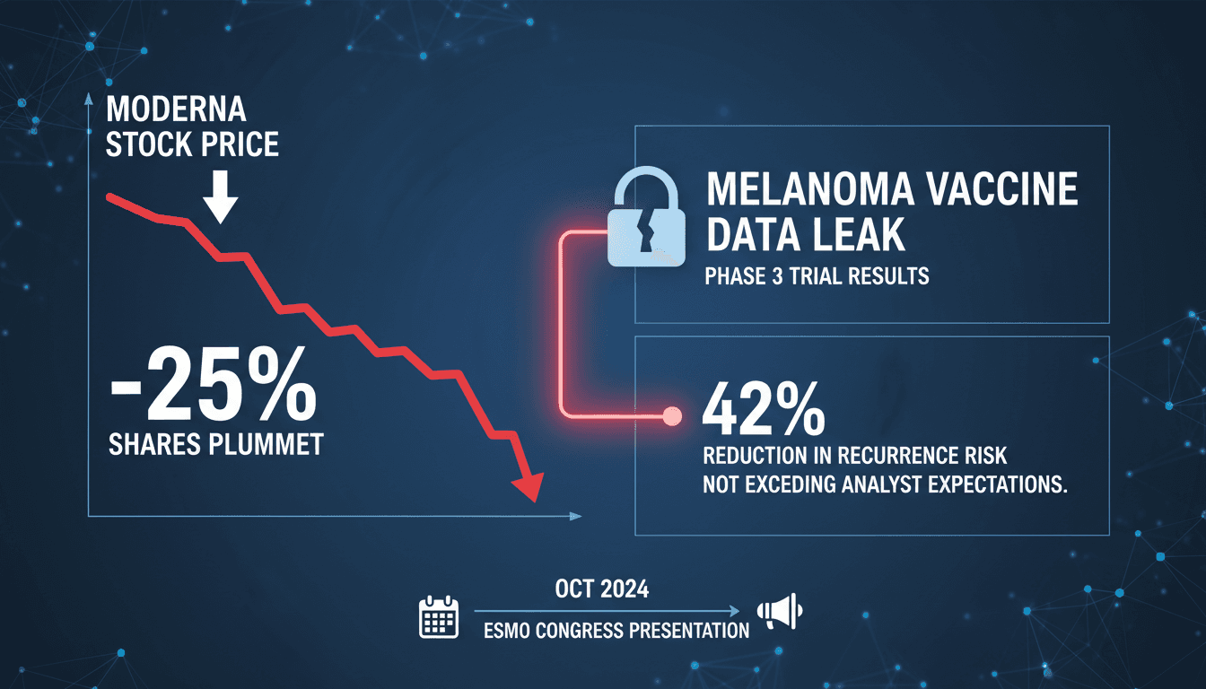 A graphic illustrating Moderna's stock decline and key melanoma vaccine trial results.