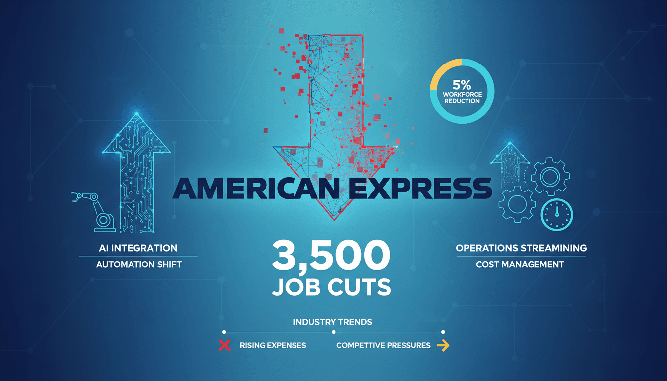 Infographic showing American Express job cuts and AI integration trends in the financial sector.