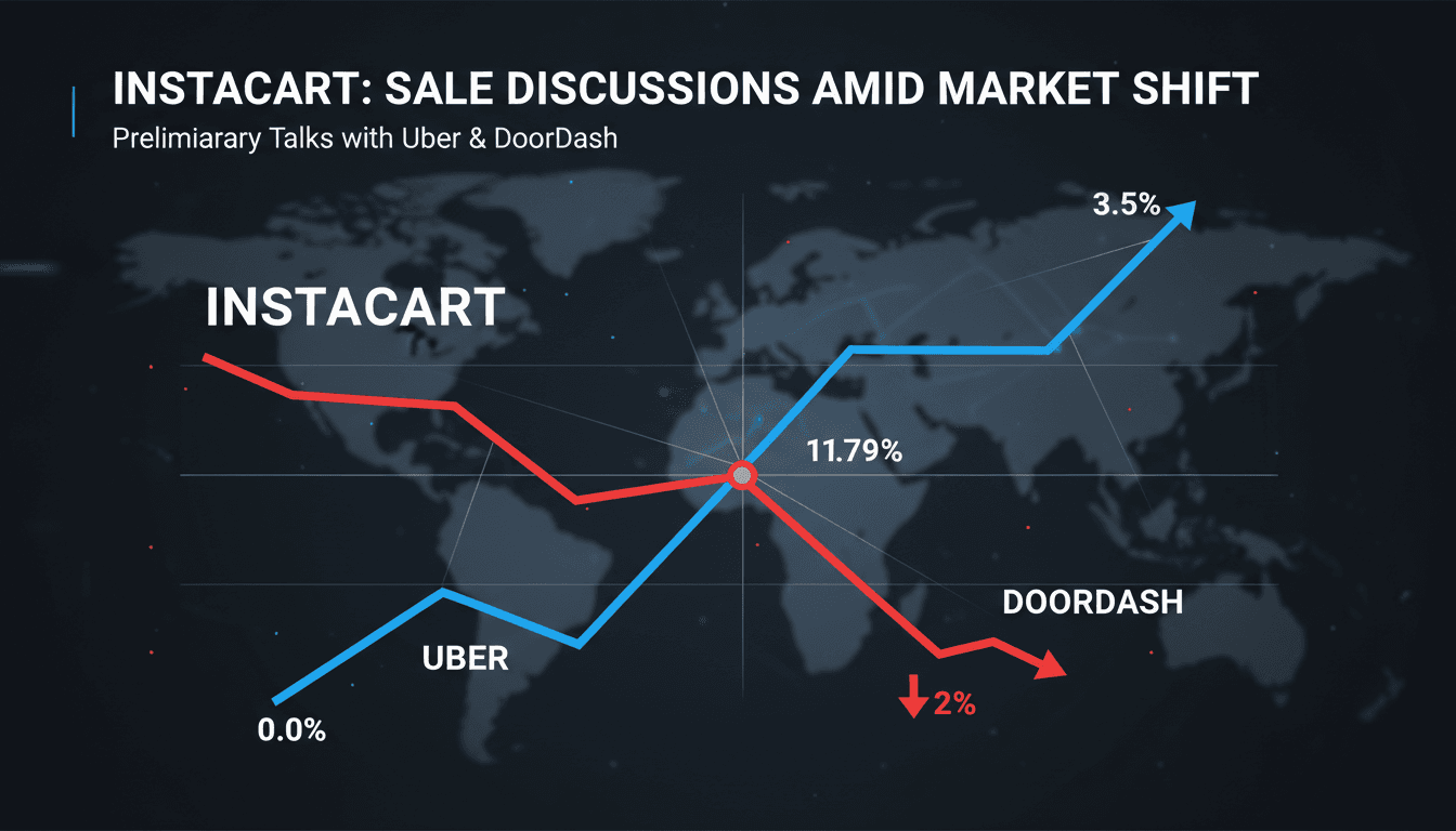 Infographic showing Instacart's market cap decline and competitive landscape in grocery delivery.