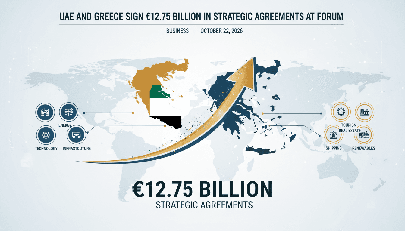 Infographic detailing the €12.75 billion agreements between UAE and Greece, highlighting key sectors and investment opportunities.