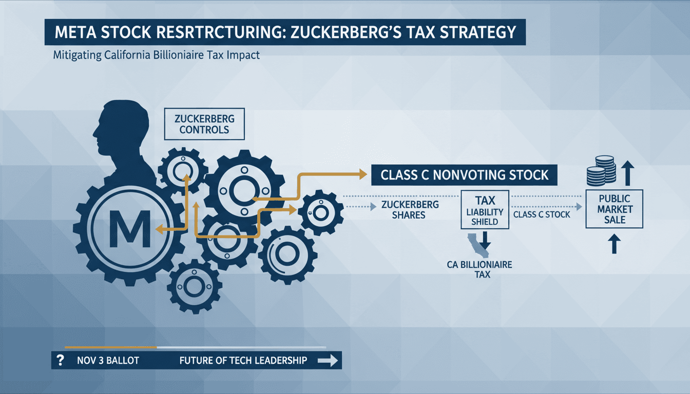Infographic showing Mark Zuckerberg's Meta stock restructuring and its impact on California's billionaire tax.