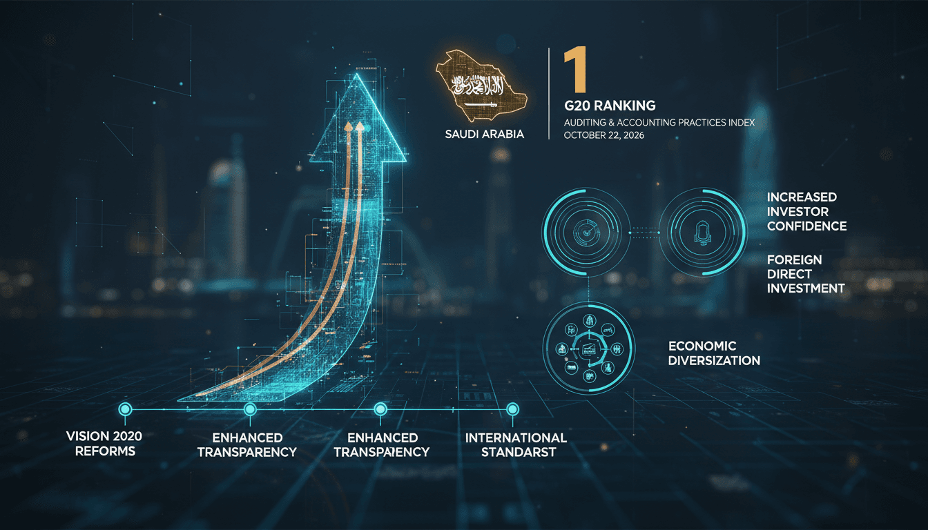 Infographic illustrating Saudi Arabia's top G20 ranking in auditing practices and key reforms.