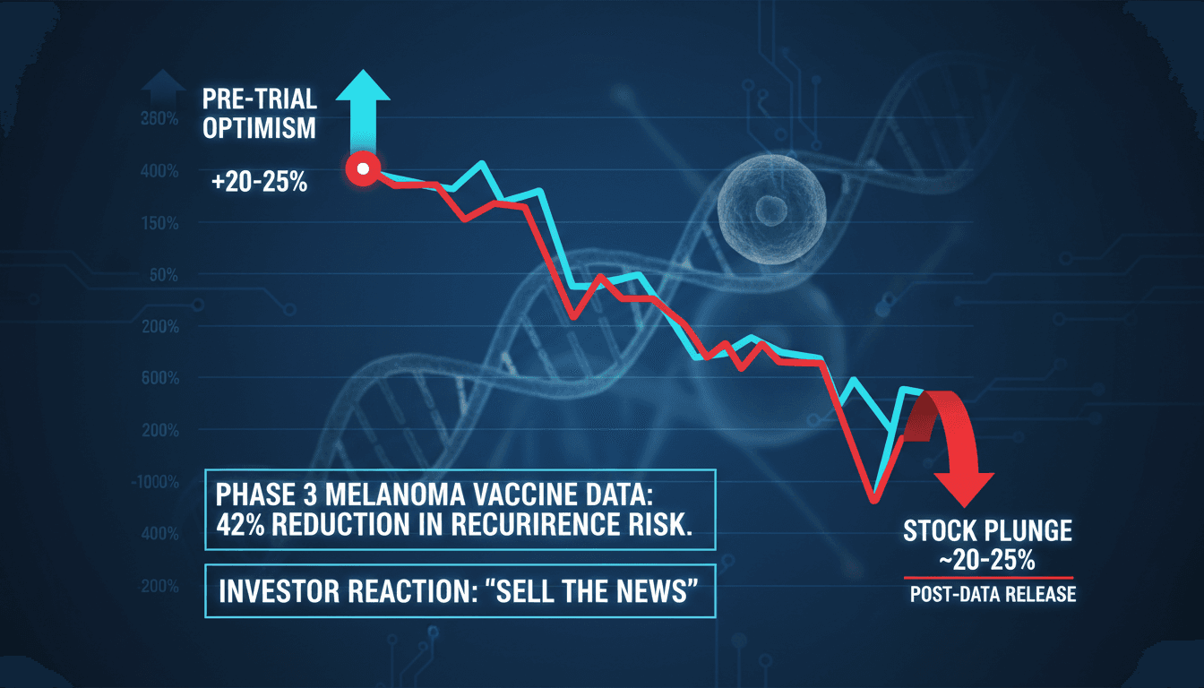 A graph illustrating Moderna's stock price drop following melanoma vaccine trial data release.