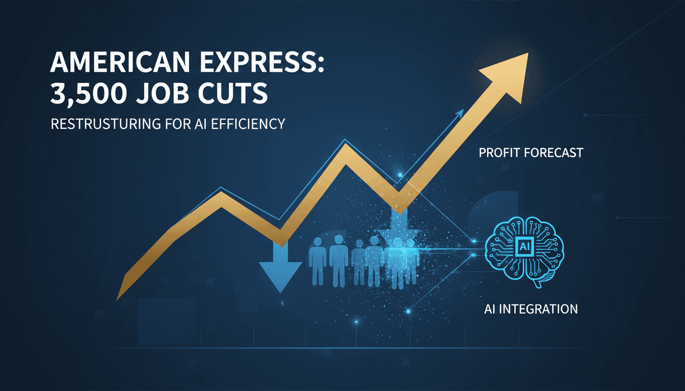 Infographic showing American Express job cuts and profit forecasts in the financial sector.
