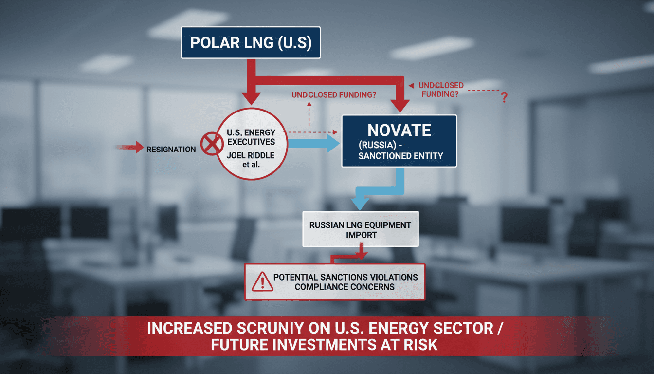A flowchart showing the funding sources and corporate structure of Polar LNG, highlighting connections to Novatek and sanctions compliance issues.