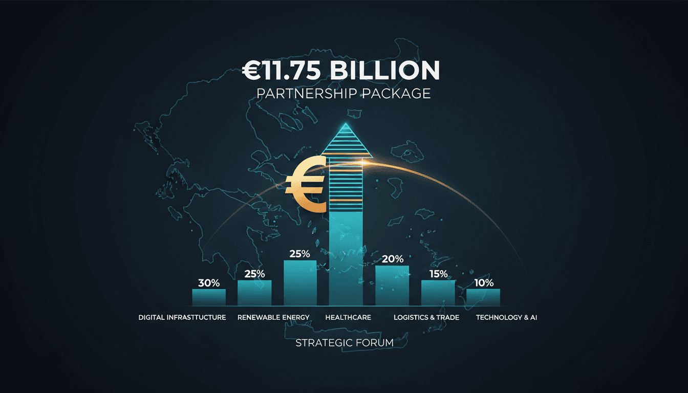 Infographic detailing the €12.75 billion UAE-Greece partnership across sectors like AI and renewable energy.