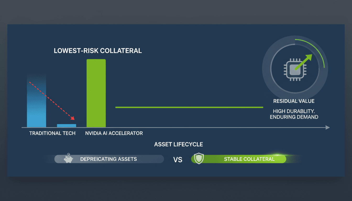 Infographic showing Nvidia's AI accelerators as low-risk collateral assets compared to traditional tech equipment.