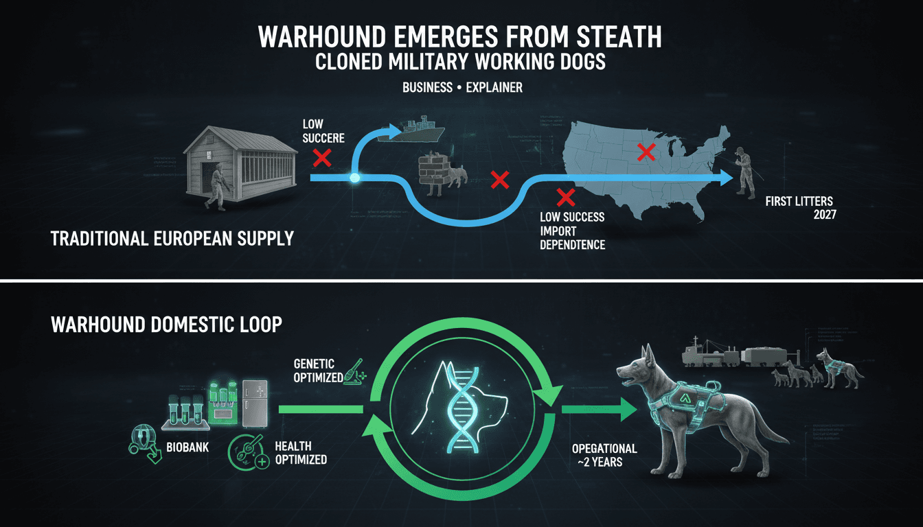 Tactical military working dog equipped with modern defense sensor harness alongside biological data overlays.