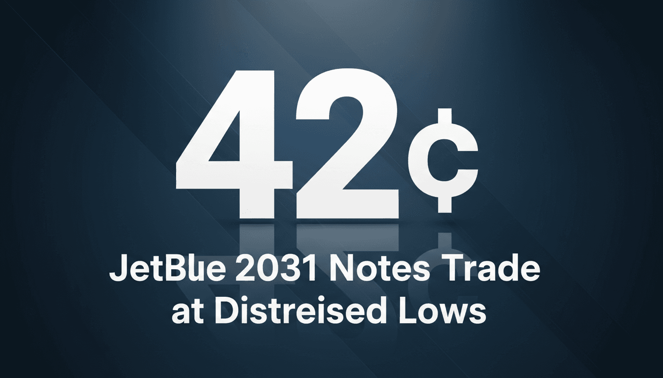 Stylized high-contrast card featuring the number 42 cents on the dollar illustrating JetBlue debt restructuring concerns