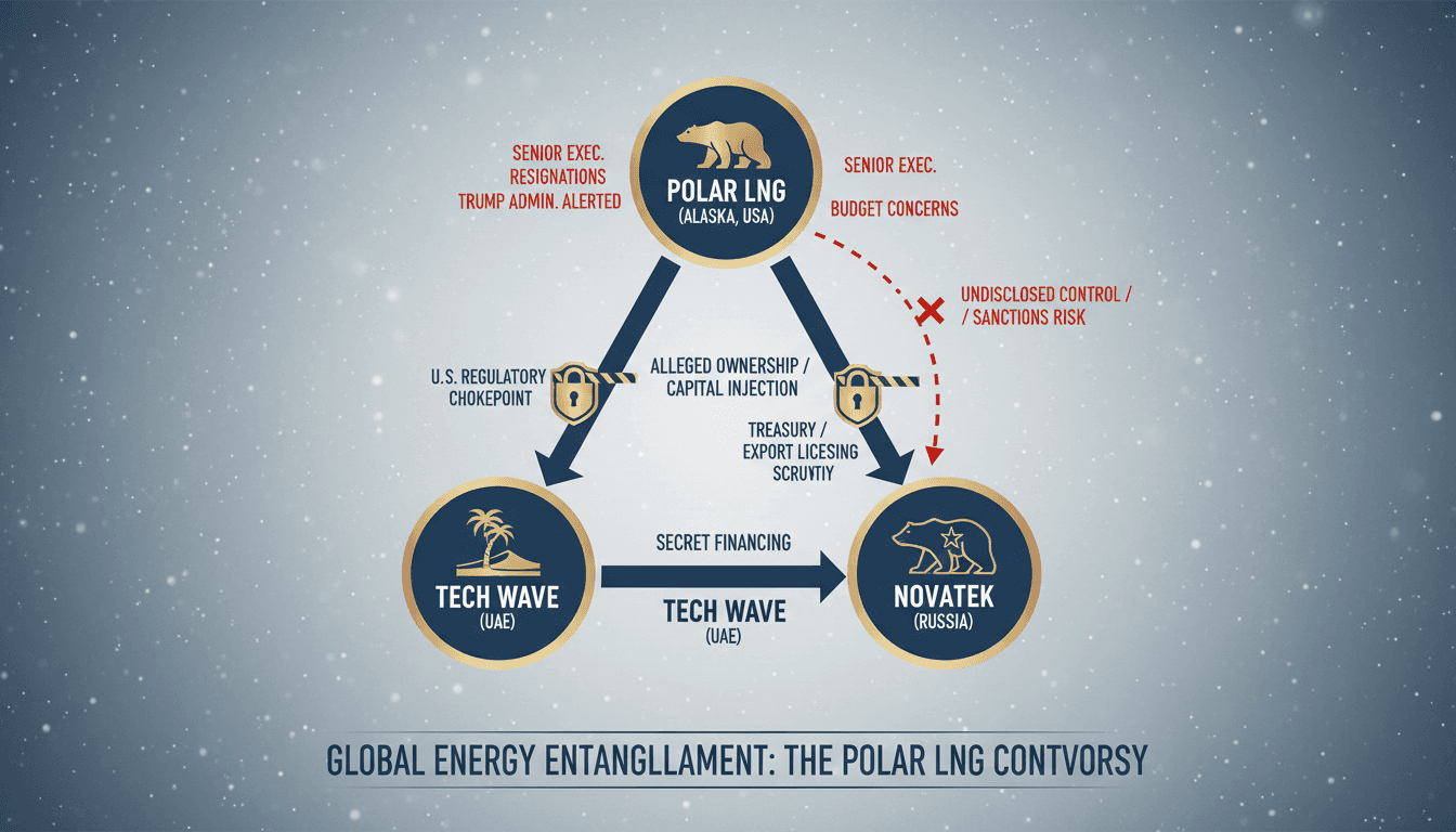 Diagram tracking capital flow and ownership links between Polar LNG Alaska, UAE Tech Wave, and Russian Novatek.