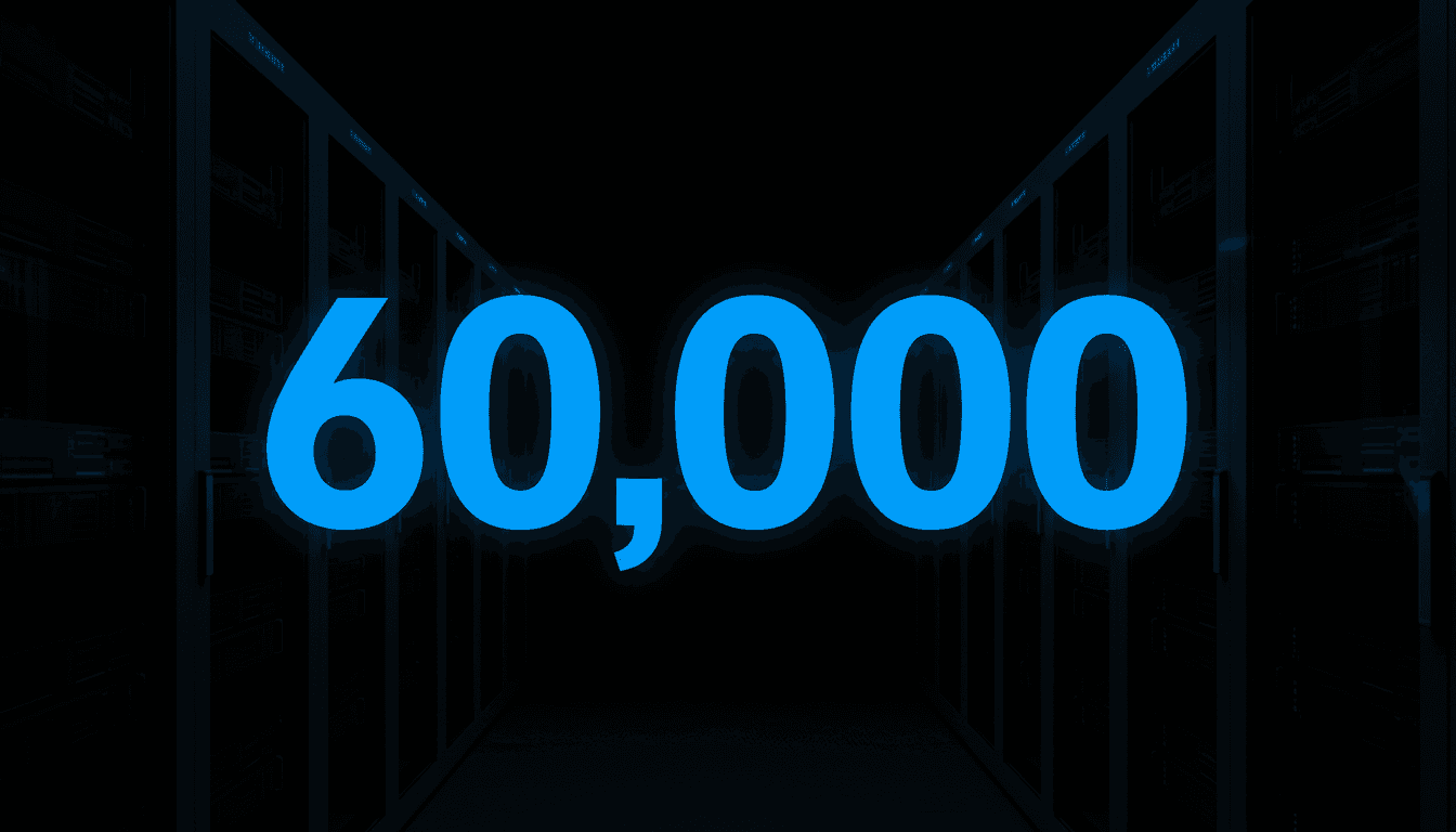 Minimalist graphic displaying the number 60000 in bold blue text, representing Microsoft buyouts for AI restructuring.