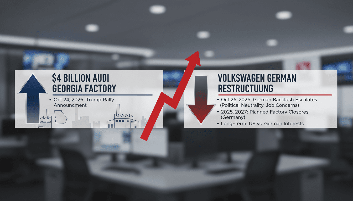 Minimalist analytical graphic showing Audi investment data and automotive manufacturing supply chains