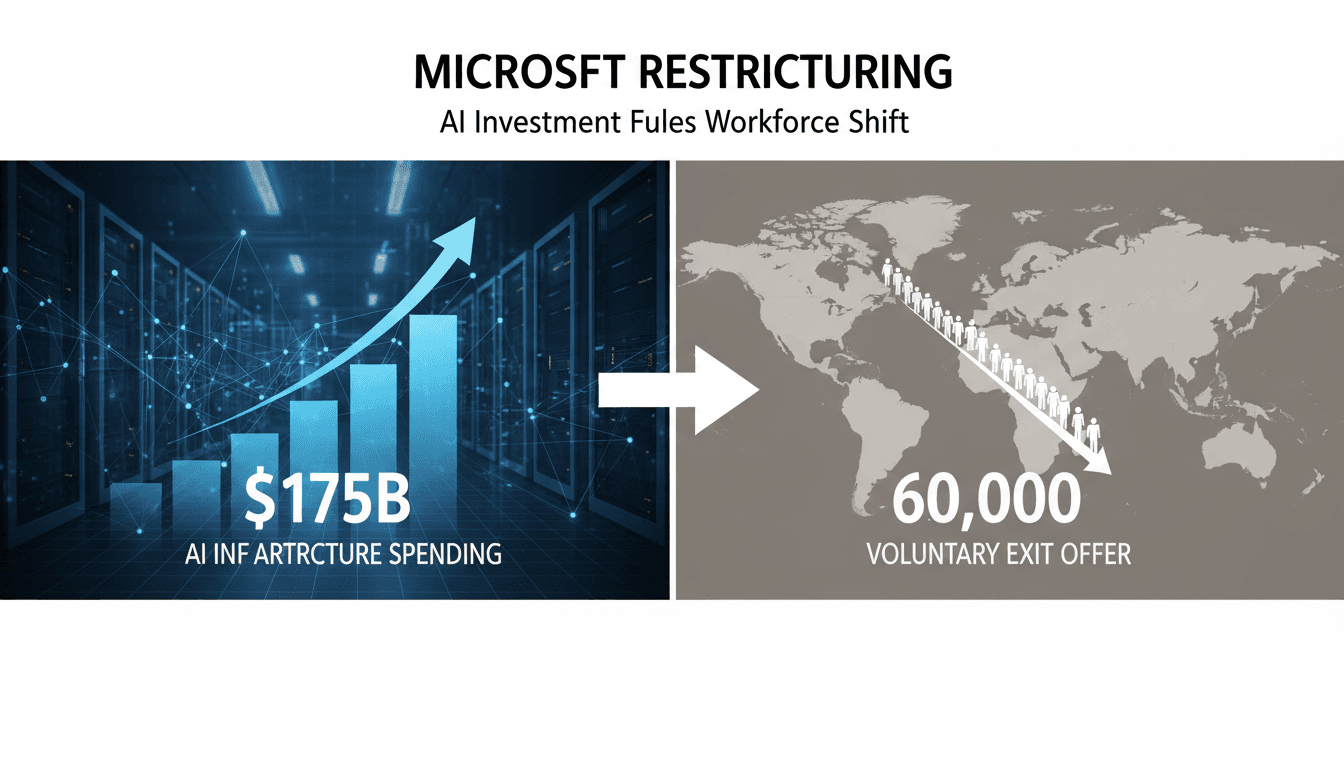 Minimalist chart showing Microsoft corporate buyout eligibility pool of 60000 employees alongside rising capital expenditures
