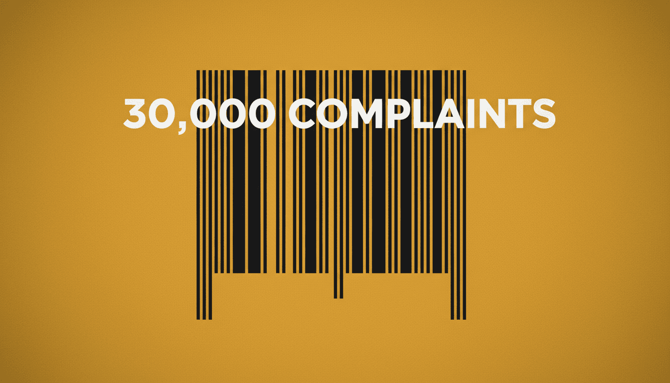 Minimalist card featuring bold typography highlighting 30000 complaints in the FTC Dollar General lawsuit.