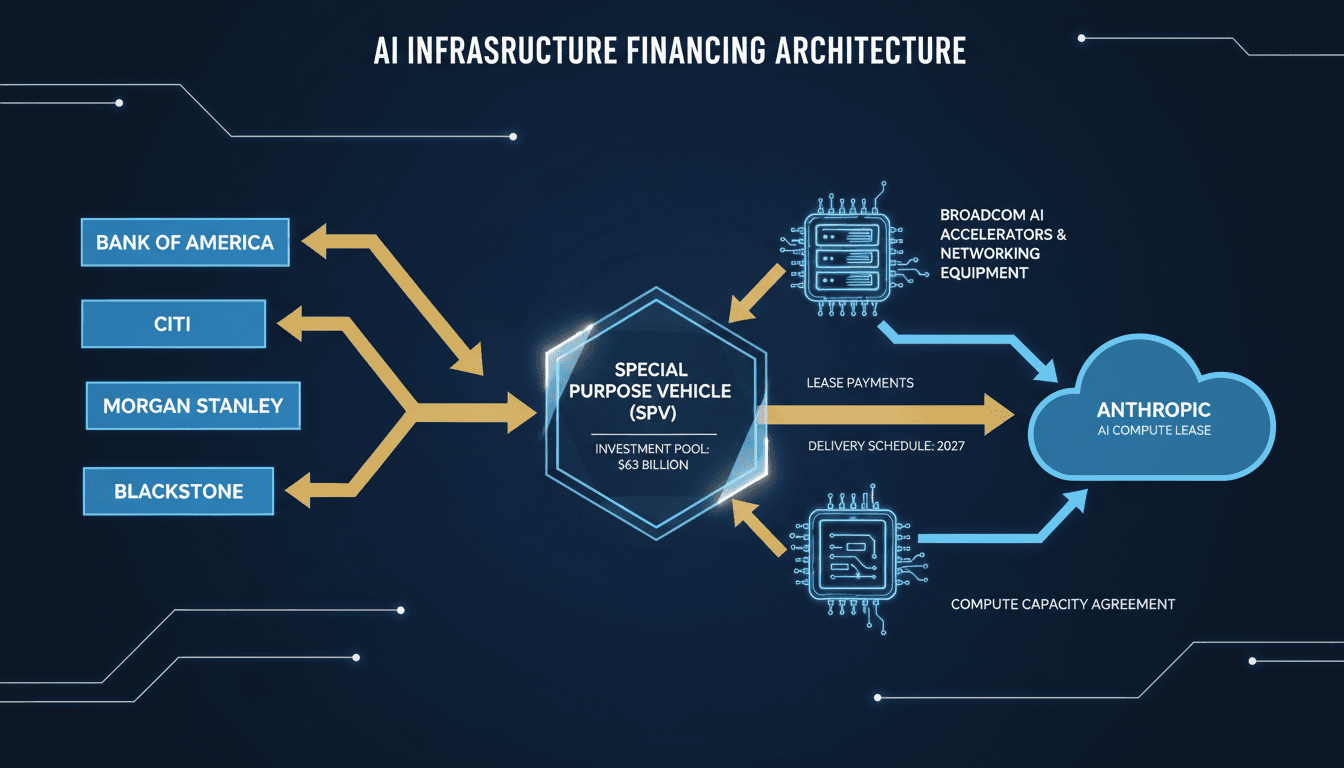 Diagram of the 63 billion dollar Broadcom Anthropic AI infrastructure debt financing structure showing senior and mezzanine tranches.