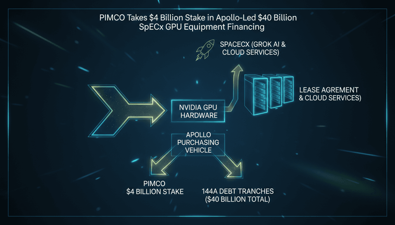Architectural graphic showing the $40 billion SpaceX AI equipment financing structure with Apollo and PIMCO tranches