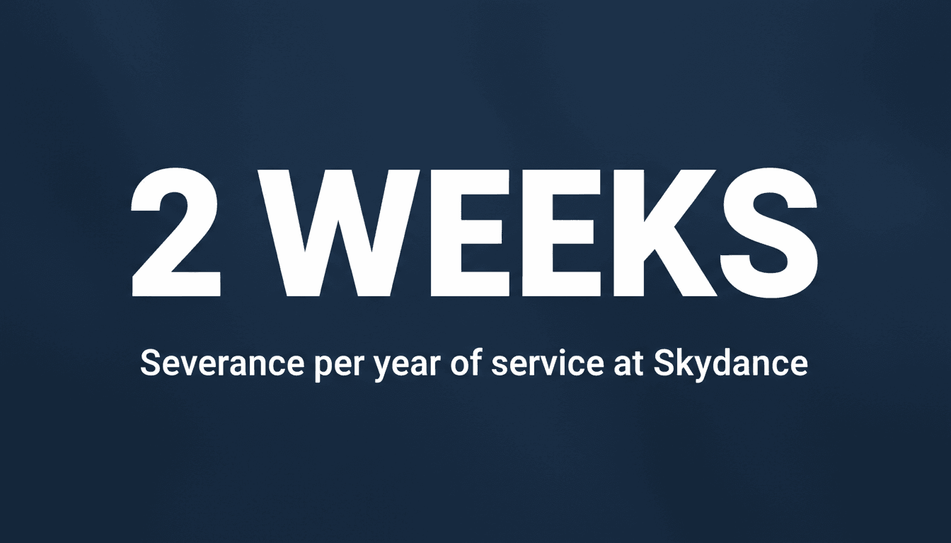 Minimalist card displaying the text two weeks severance against a dark background for Skydance return to office news