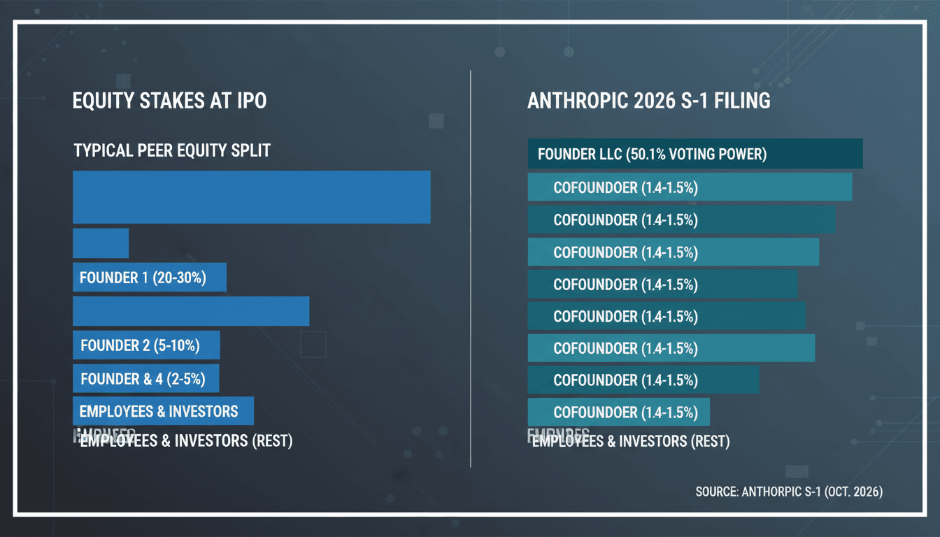 Infographic showing the equal equity distribution and voting structure of Anthropic's seven cofounders from its S-1 filing.