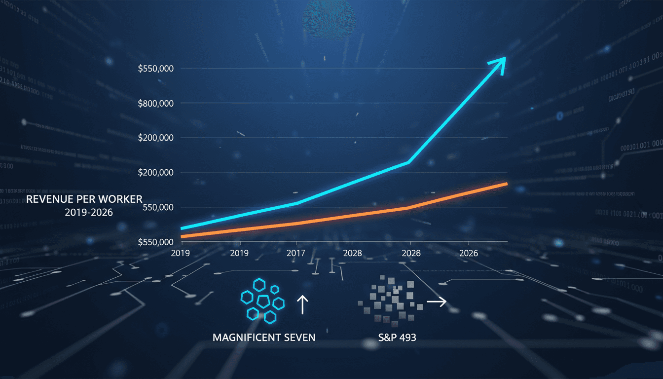 Dual line chart comparing rising revenue per worker for the Magnificent Seven against flat S&P 493 corporate AI returns