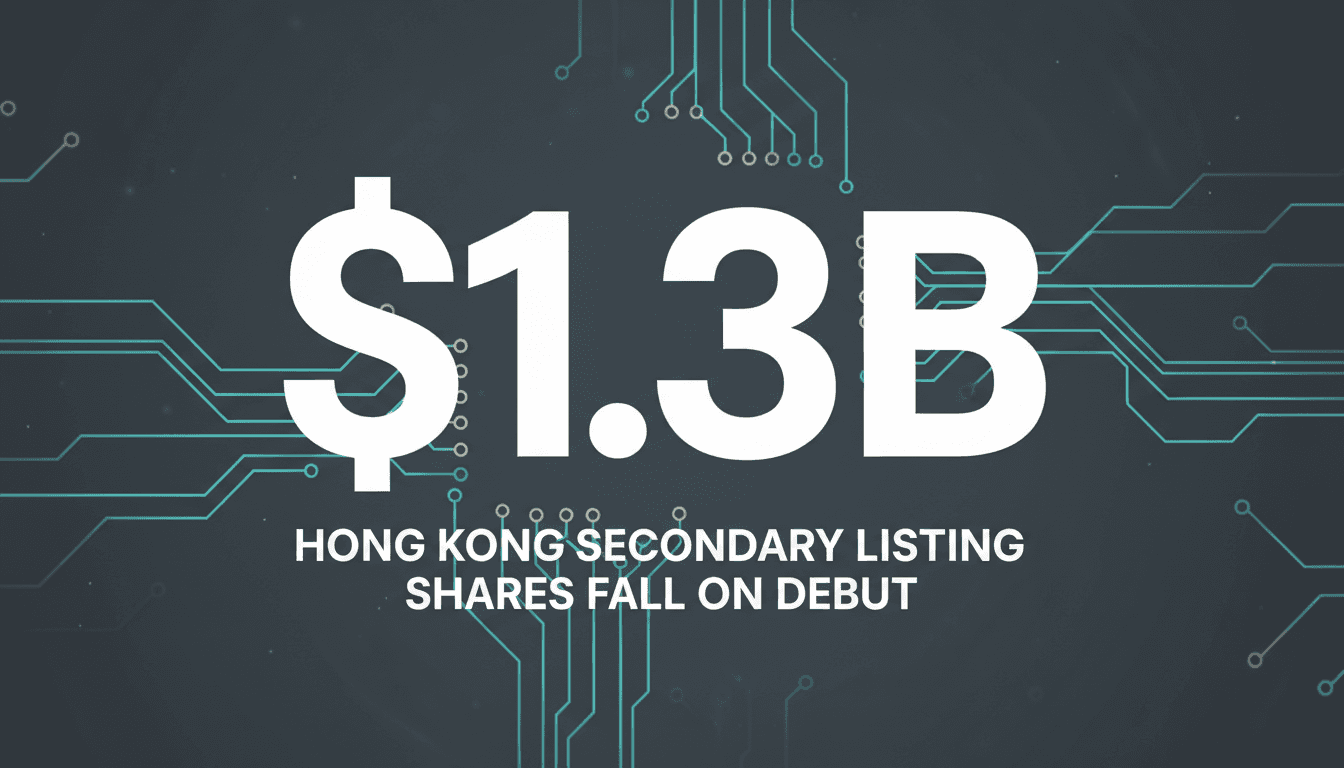 Clean graphic card displaying Dongshan Precision listing valuation metrics on Hong Kong exchange floor backdrop