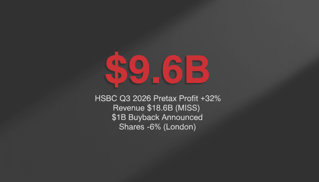 Bold red typography displaying nine point six billion dollars against a dark background highlighting HSBC Q3 earnings.