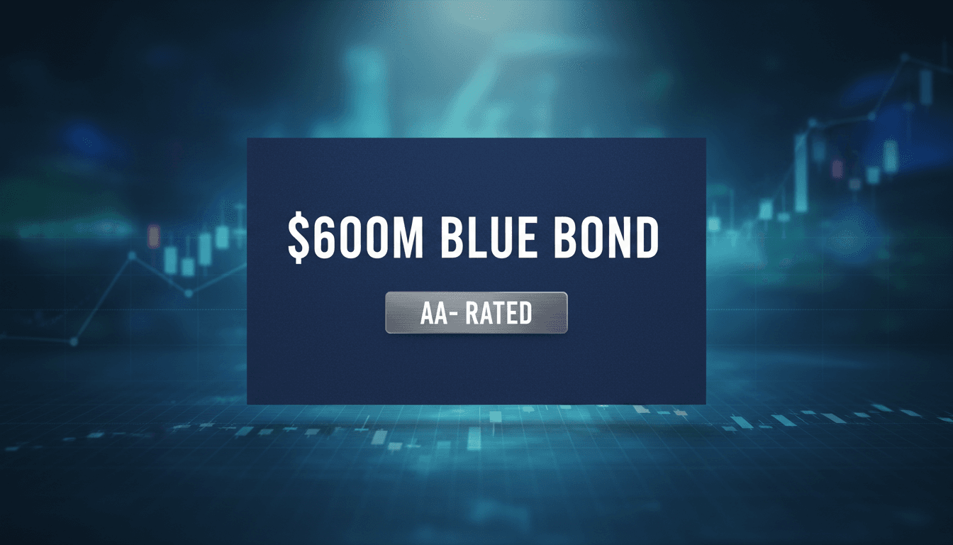Clean typography card displaying Masdar 600 million dollar blue bond issuance details and AA- rating
