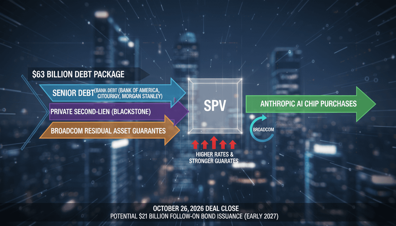 Structured diagram detailing the 63 billion dollar debt financing vehicle for Broadcom AI chips and Anthropic hardware leases