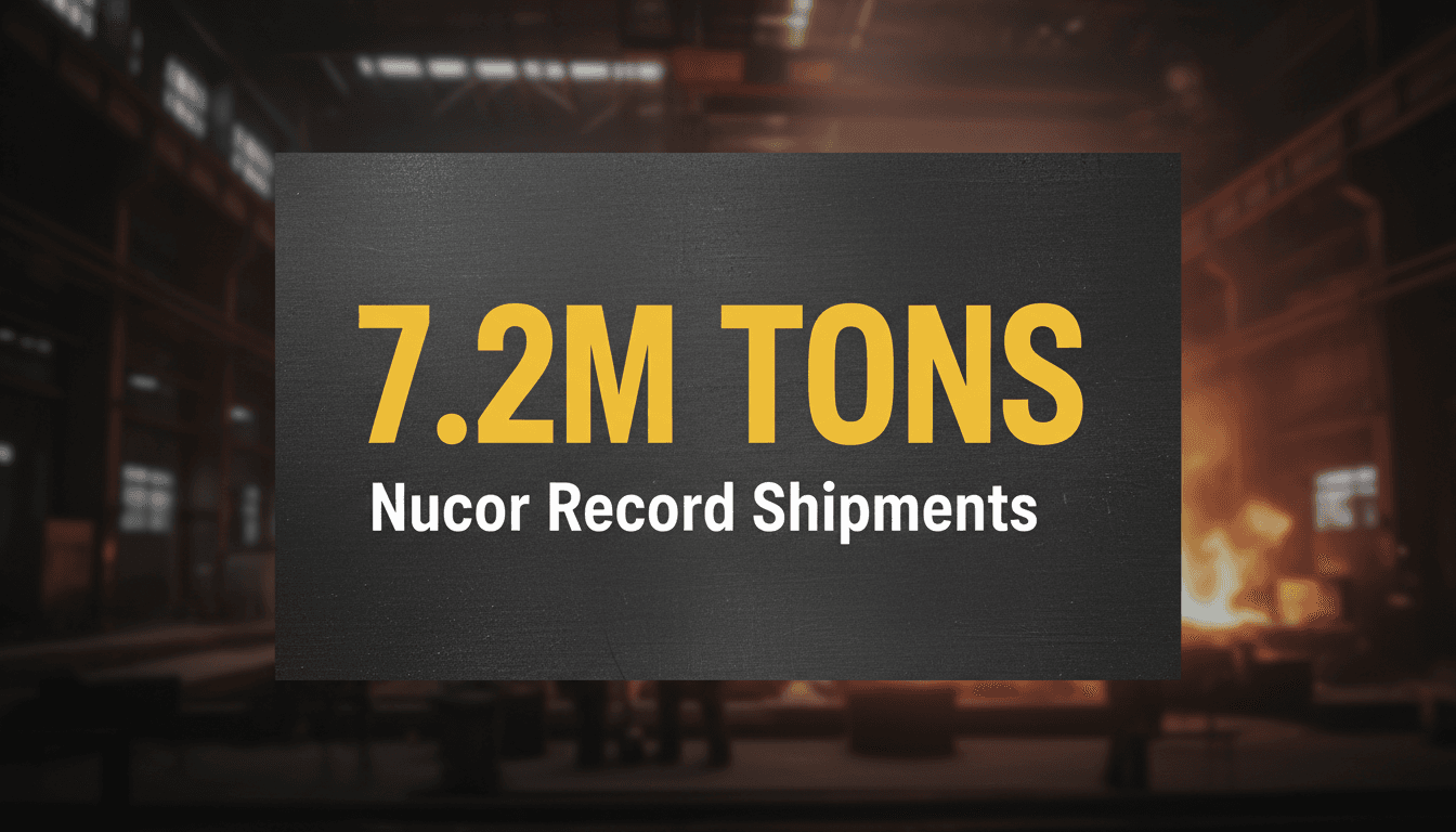 Minimalist graphic highlighting Nucor record steel mill shipments of 7.2 million tons alongside third-quarter revenue gains
