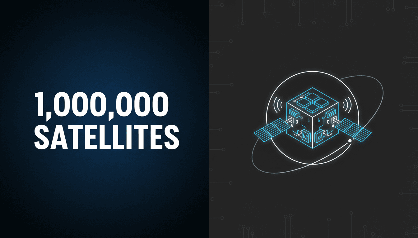 Minimalist diagram of SpaceX orbital data center satellites orbiting earth with solar panels for AI compute
