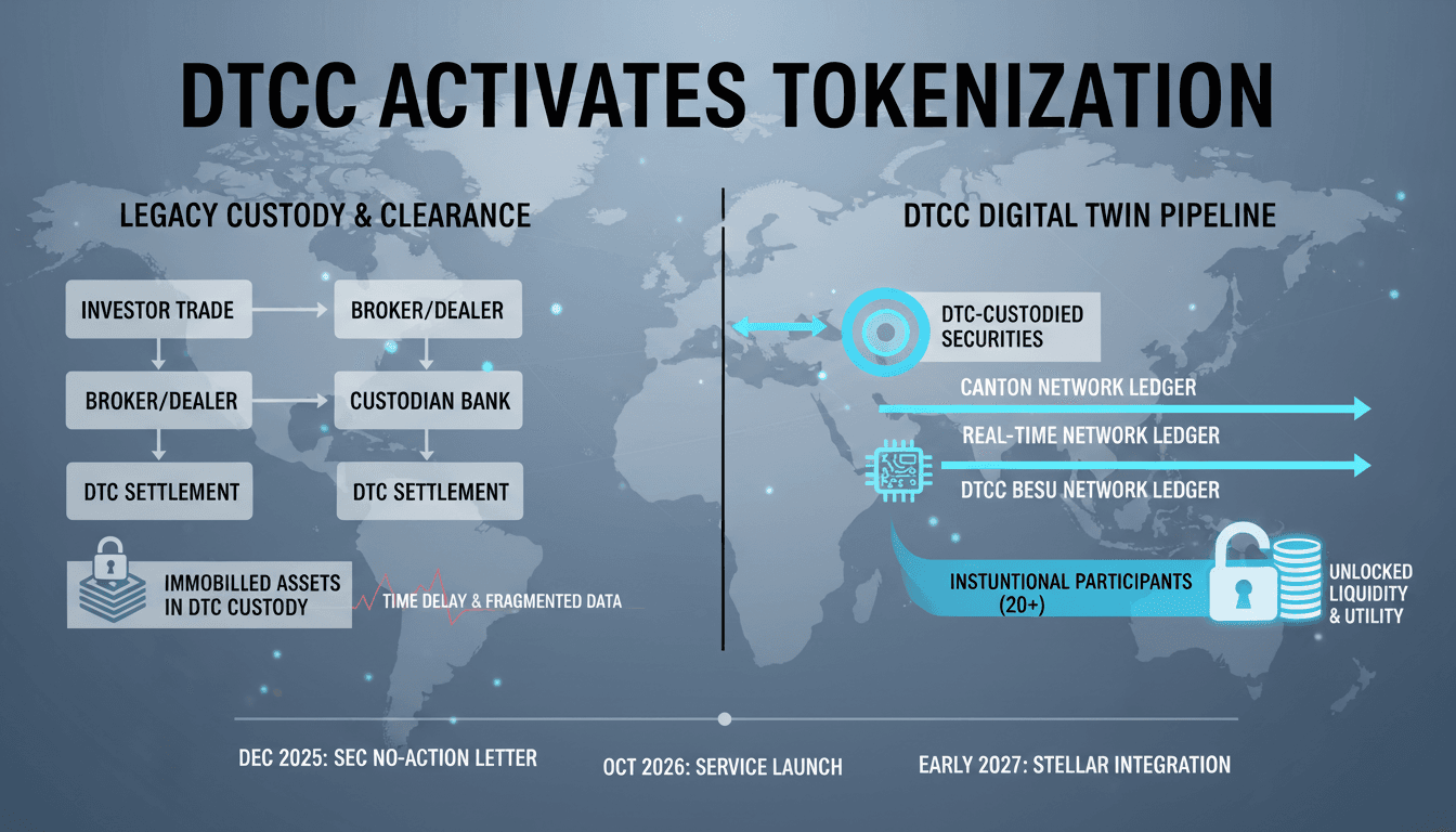 Diagram of DTCC tokenization service linking custody assets to Canton and Besu networks