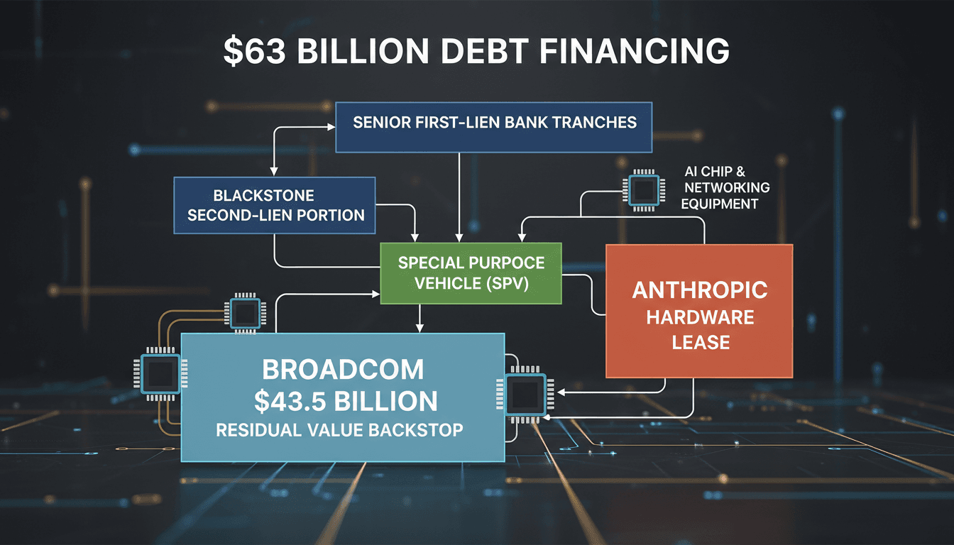 Architectural schematic of an SPV debt structure showing Broadcom and Anthropic compute financing balance sheet allocations.