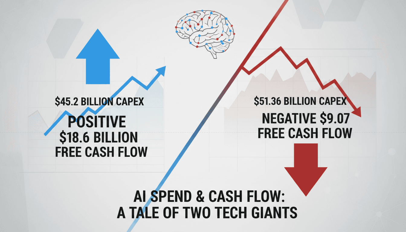 Comparative bar chart contrasting Microsoft positive cash flow and Alphabet negative cash flow after AI capex