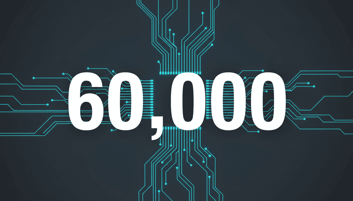 Minimalist card featuring the number 60,000 beside silicon circuitry representing Microsoft buyouts for AI funding