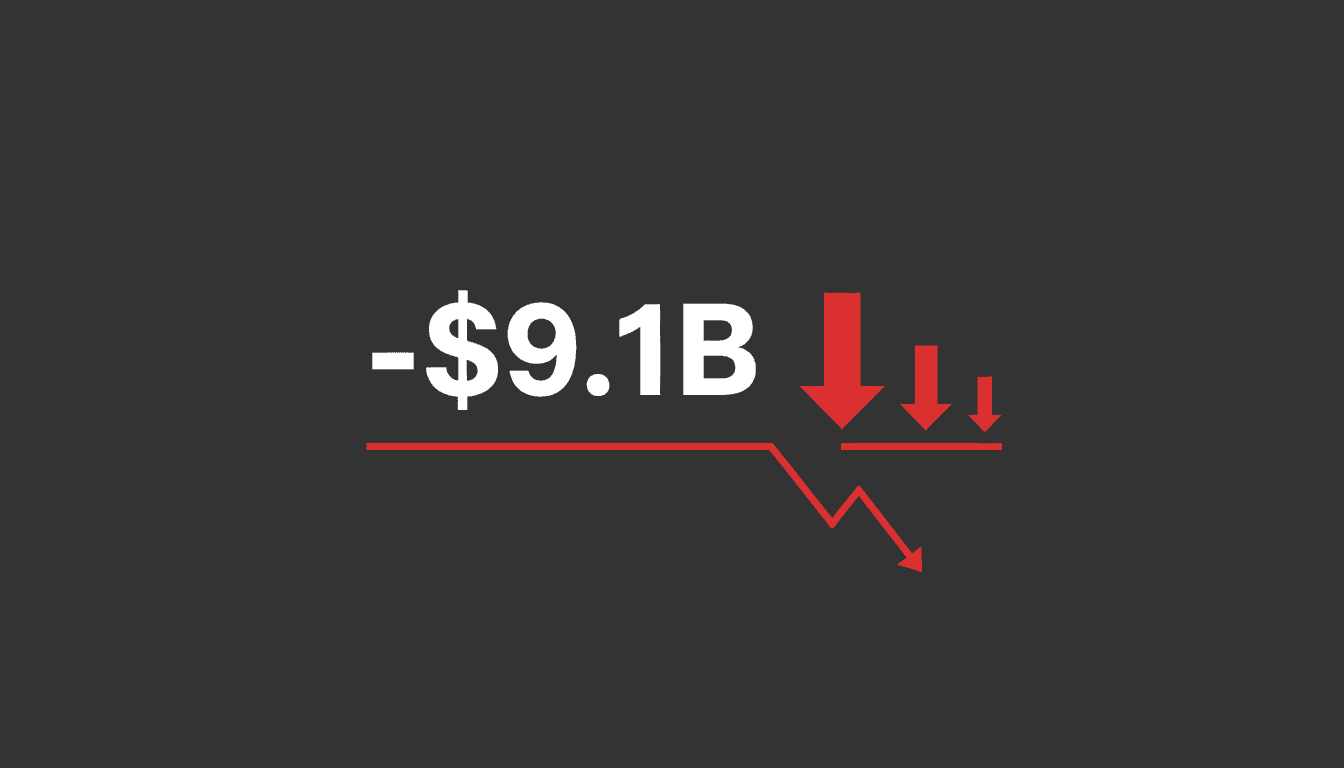 Bold typographic display of Alphabet negative 9.1 billion dollar cash flow metric on dark background