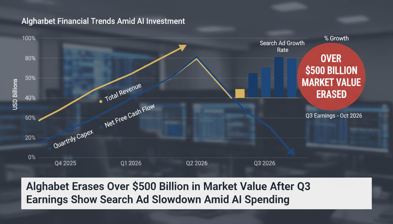 Minimalist chart showing Alphabet's $500 billion market value loss alongside rising AI capex and falling cash flow metrics