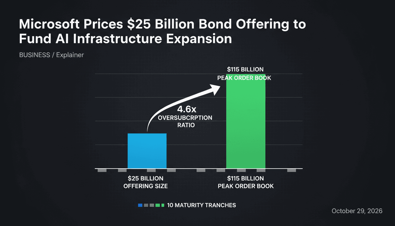 Minimalist infographic displaying Microsoft $25 billion corporate bond offering against $115 billion peak investor orders