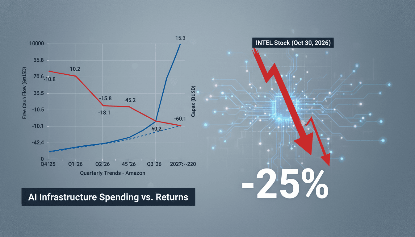 Financial graph showing Intel stock drop and Amazon negative free cash flow alongside AI capital expenditure data