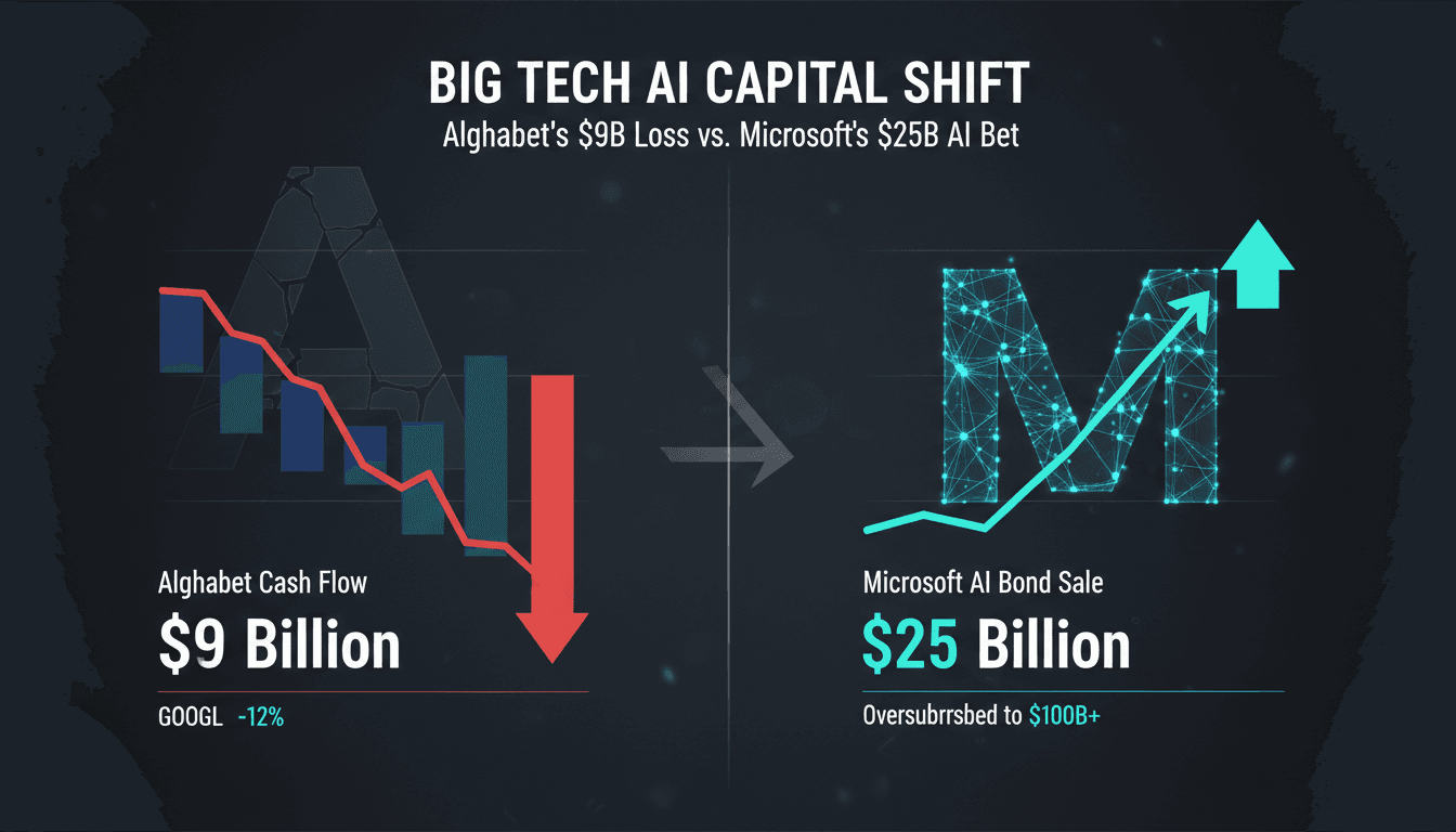 Comparison chart showing Alphabet equity loss and Microsoft corporate bond demand during third-quarter earnings.