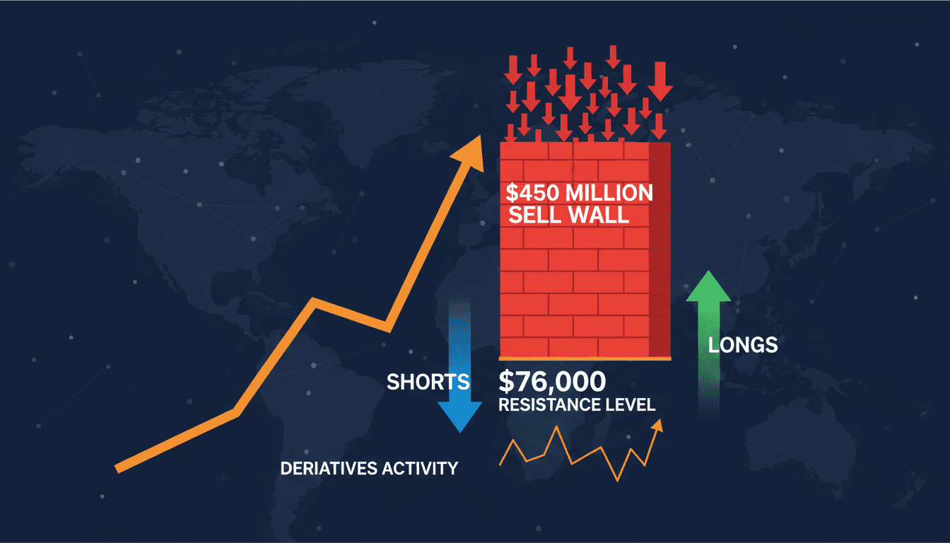 Bitcoin Faces $450 Million Sell Wall Below $76,000 Resistance Level