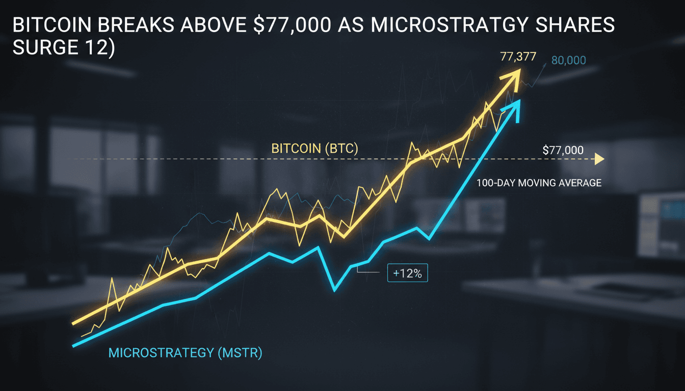 Bitcoin Breaks Above $77,000 as MicroStrategy Shares Surge 12%