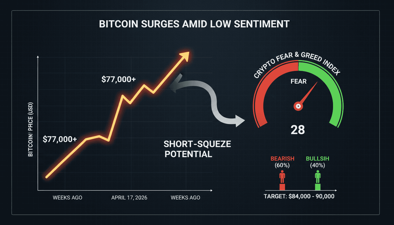 Bitcoin Surges Above $77,000 Amid Low Investor Sentiment
