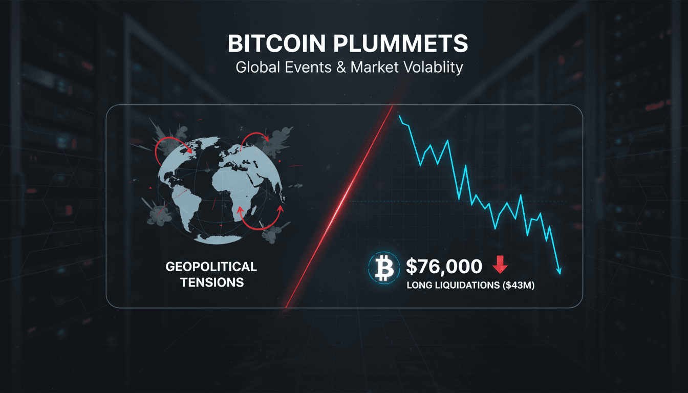 Bitcoin price drops below $76,000 amid geopolitical tensions and long liquidations