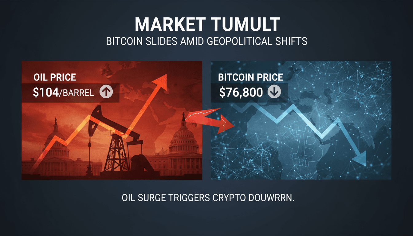 Bitcoin price drops below $77,000 amid rising oil prices and US-Iran tensions