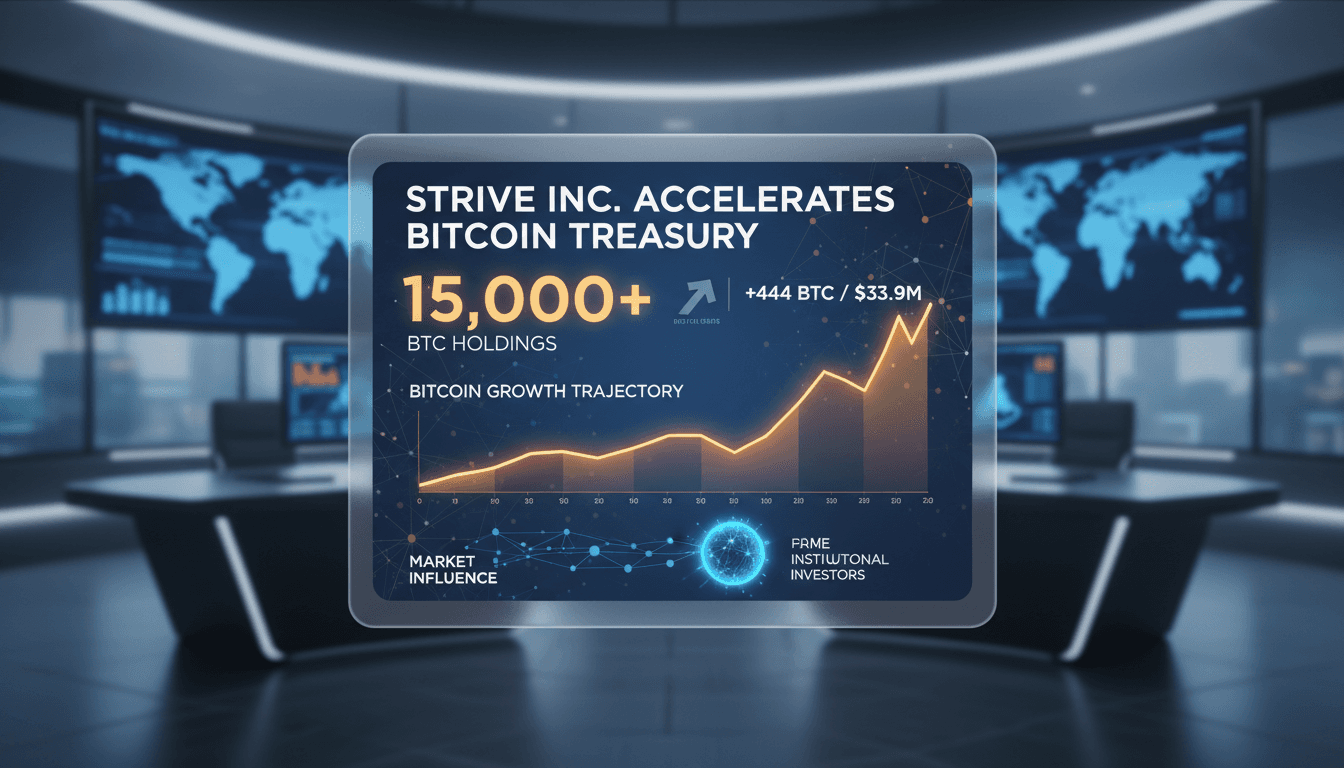 Strive, Inc. logo with Bitcoin graphics illustrating growth in holdings.