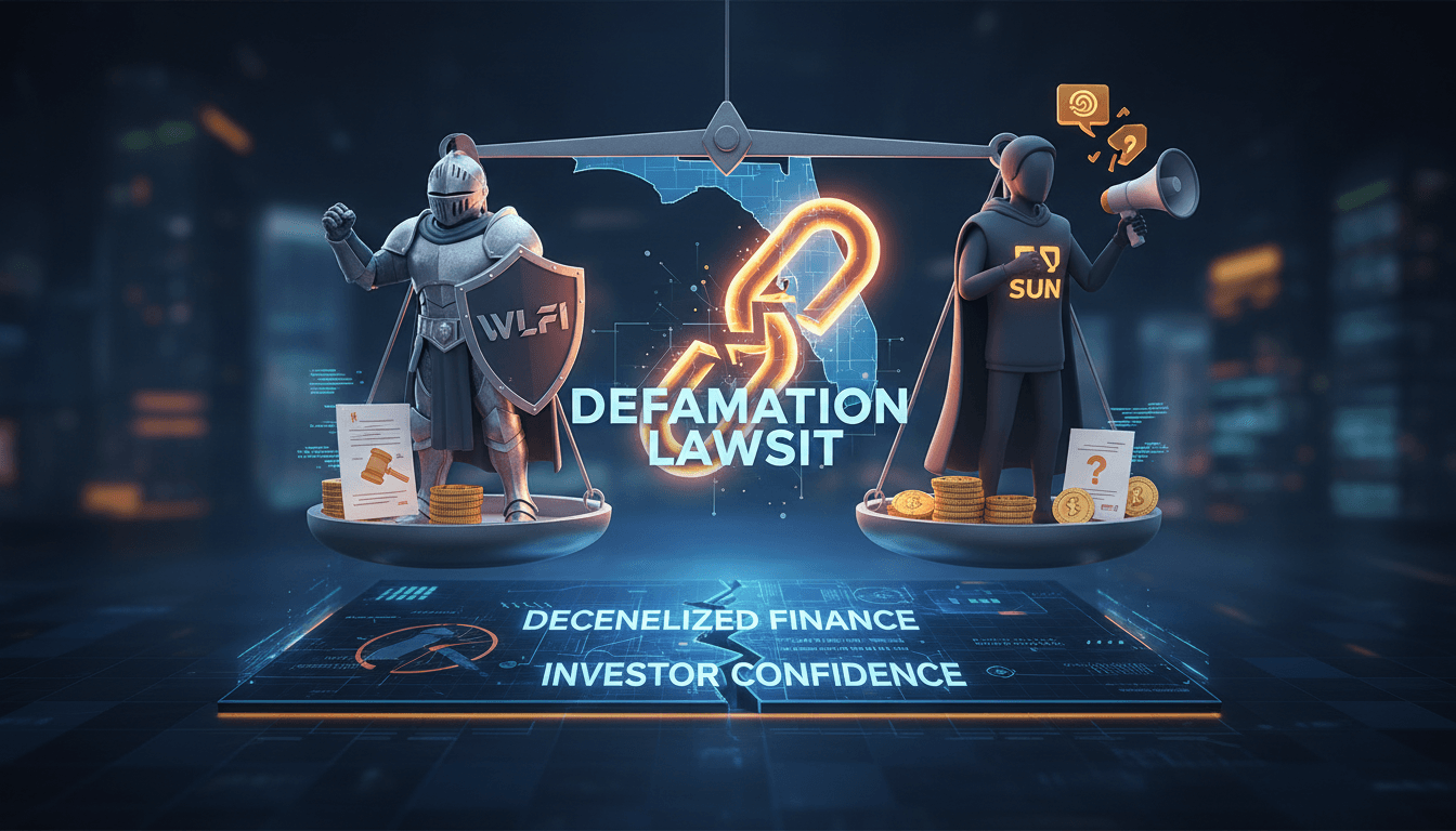 A graphic depicting the legal dispute between World Liberty Financial and Justin Sun, focusing on token governance issues.