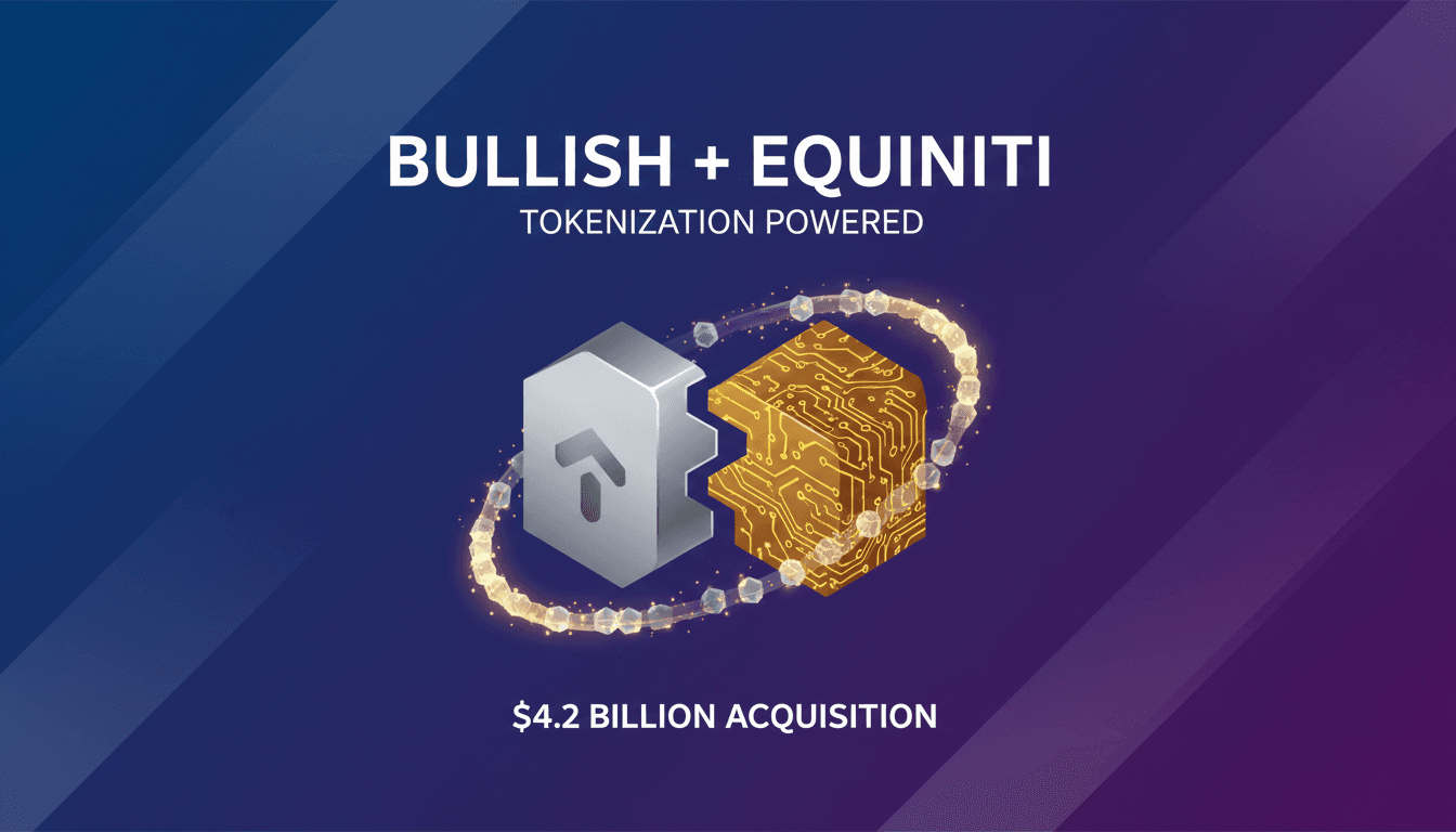 Bullish and Equiniti logos with a blockchain background